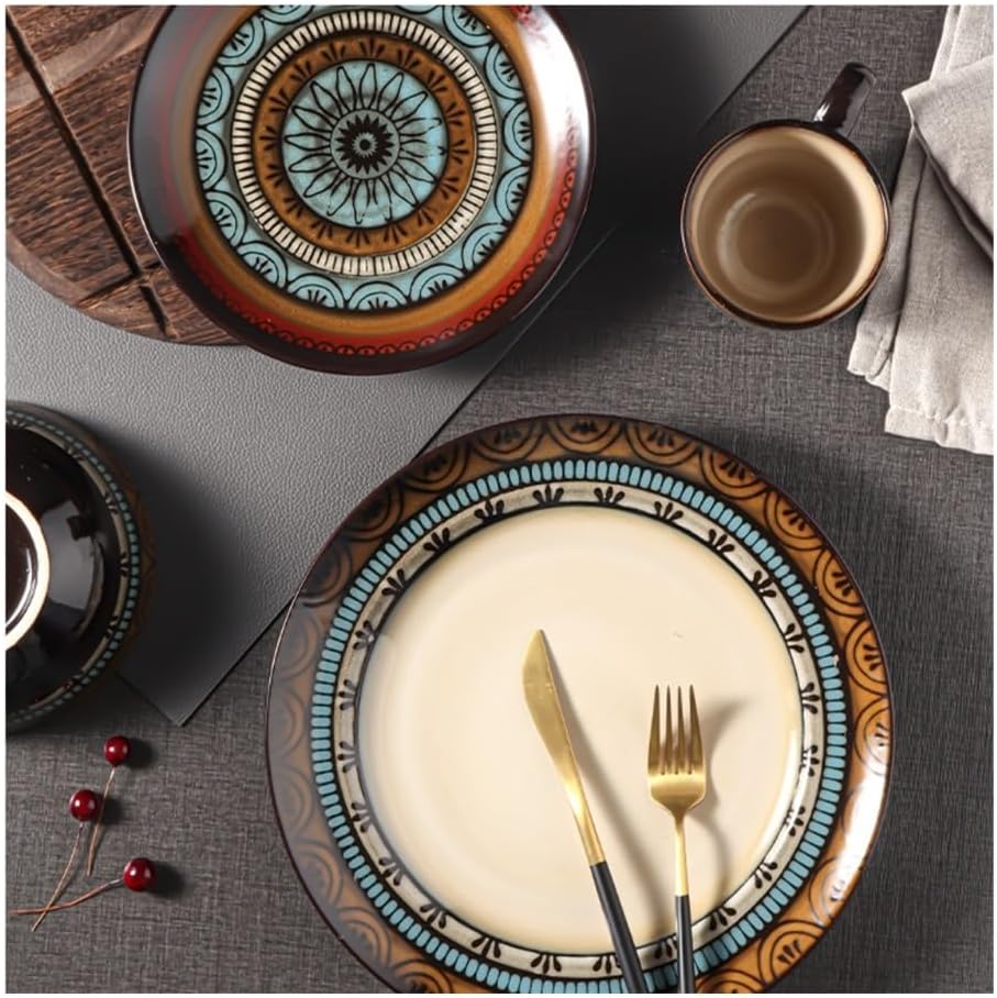 Dinner Plates Hand-painted Western Food Plate Ceramic Dinnerware Plate Steak Dinner Plate Household Vegetable Plate(8inch)