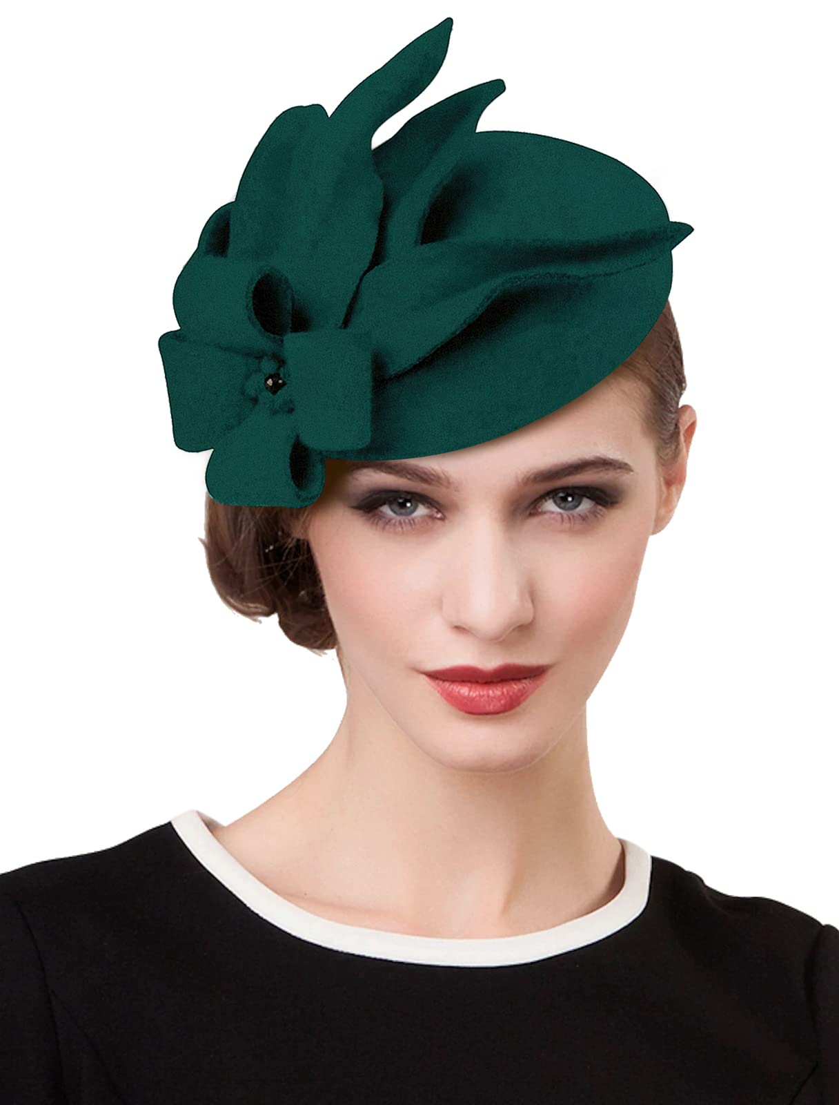 ELLYDOOR Wool Fascinator Pillbox Hat Winter British Wool Felt Hat for Women Wedding Church Hat Flower Fedoras, 2021 Green, One Size
