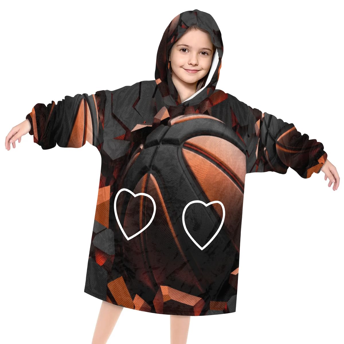 Pardick Wearable Blanket Hoodie for Kids, 3D Basketballs Fleece Sweatshirt Blanket Oversized Blanket Sweatshirt with Pocket Flannel Warm Hooded Blanket 6-10 Year Old Girl Boy Gift, One Size