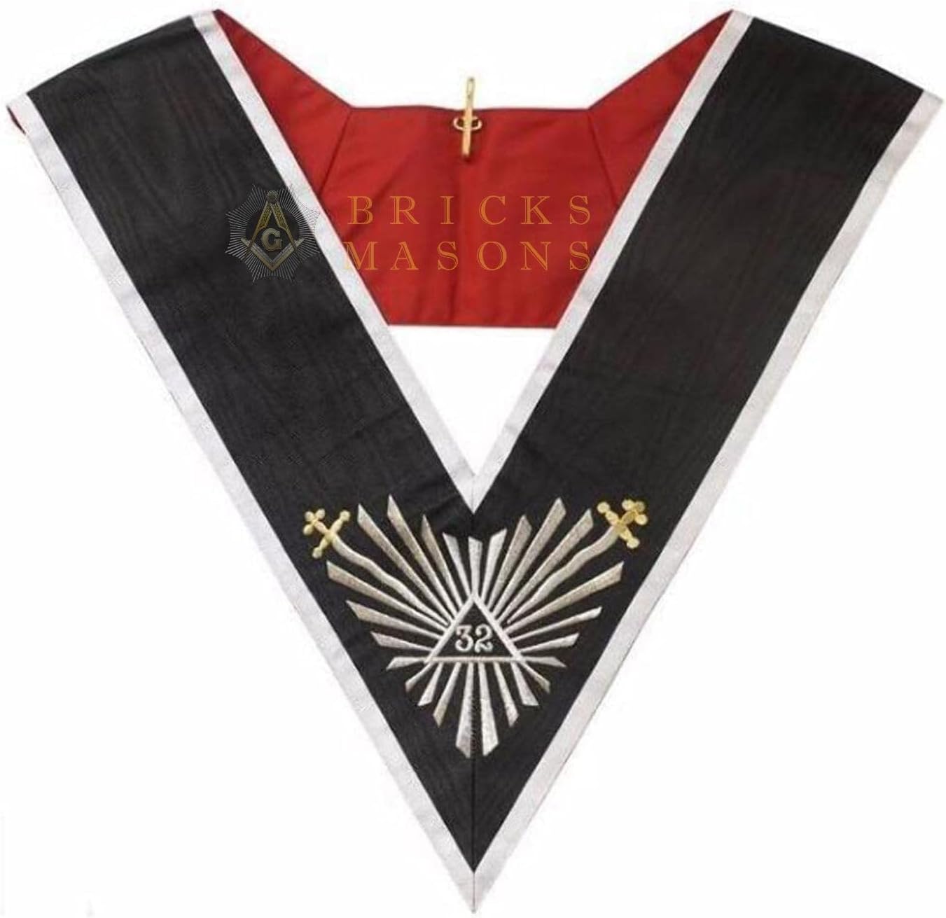 Bricks Masons 32nd Degree Scottish Rite Collar - Black Moire Ribbon with White Borders