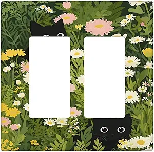 Decorative Outlet Covers Funny Cute Black Cat Colorful Flower Green Plant 2 Gang Wall Plate Double Rocker Two Switch Wall Cover Plate Light Switch Cover Plate Faceplate for Home Decor