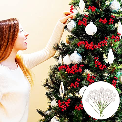 100 Pcs Christmas Holly Berries Artificial Glitter Silver Holly Berries,Christmas Berries Silver Berry Stems for Wreath Decorations Craft Christmas,Xmas Tree,Garland DIY Craft Wire Berries Party Decor - Image 3