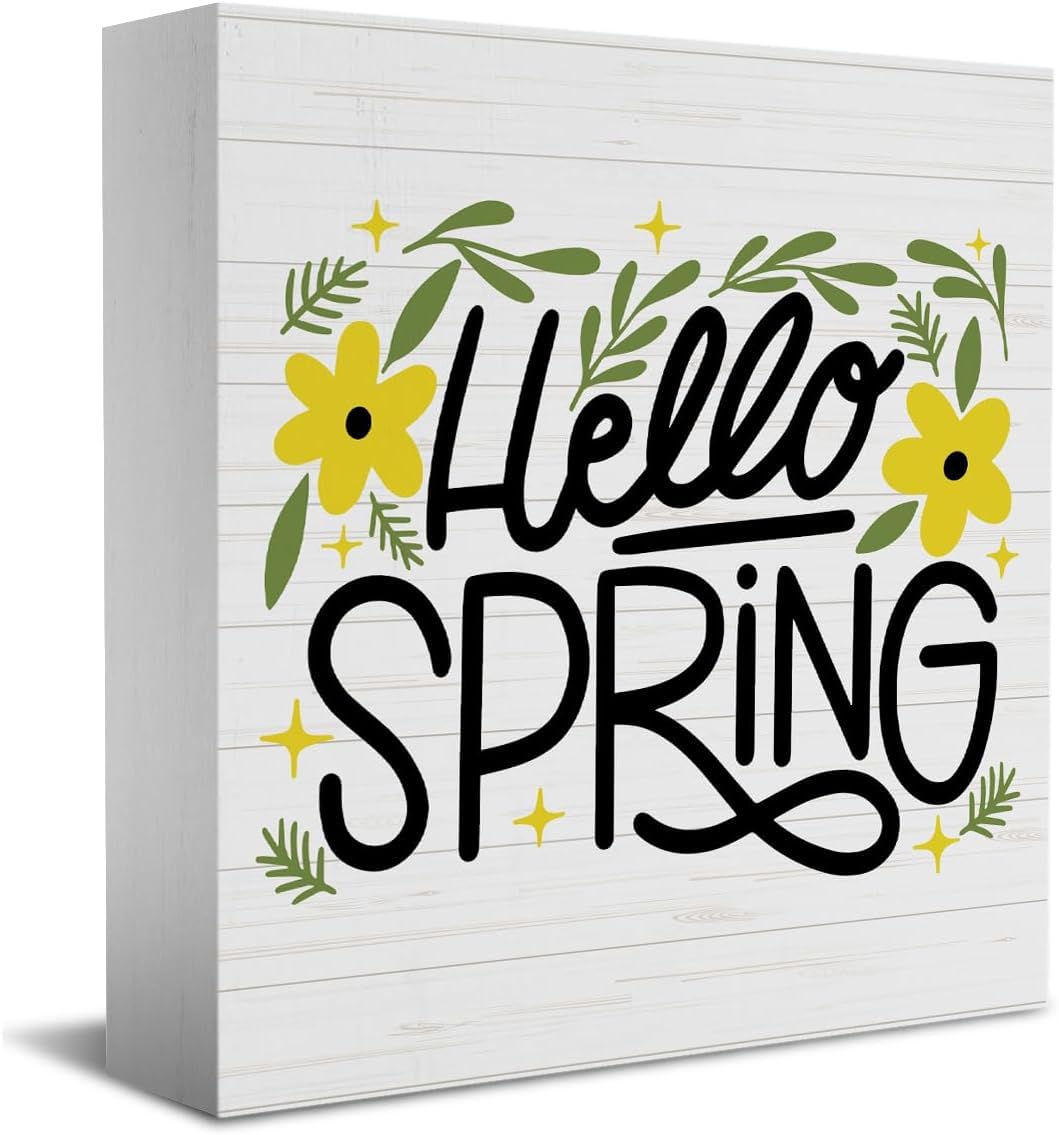 Hello Spring Box Sign 7x7 Inch Floral Rustic Farmhouse Decor
