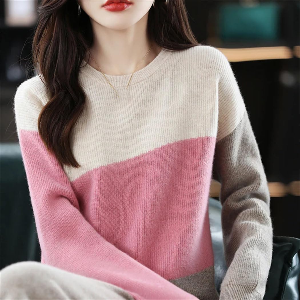 Women's 100% Wool Soft Sweater Fashion O-Neck Knitted Jumper Long Sleeve Patchwork Color Thermal Pullover