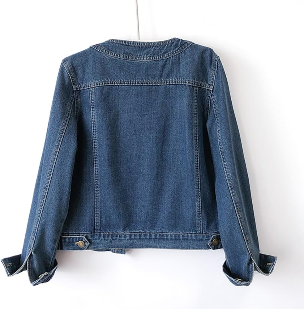 Women’s Collarless Long Sleeve Denim Jacket Round Neck Button Down Jean Jackets