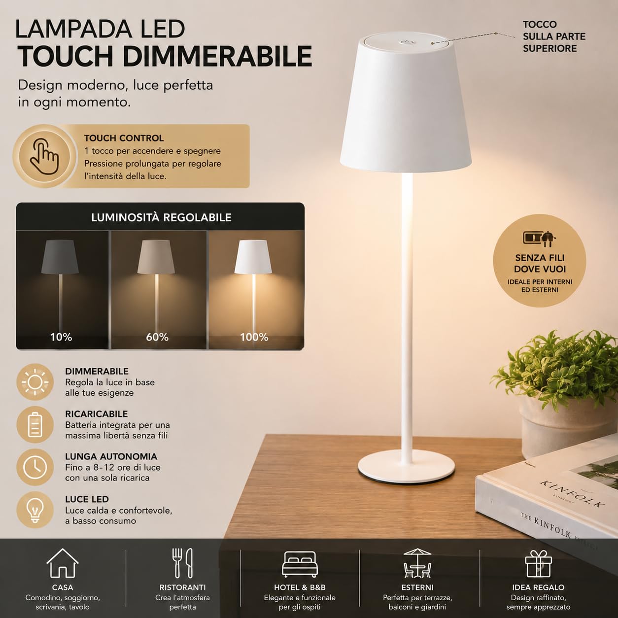 Set di 8 Lampada da Tavolo Bianco Touch Senza Fili Ricaricabili, LED Dimmerabili con 3 Tonalità di Luce 3000-6500K, Impermeabili IP54, Ideali per Interni ed Esterni