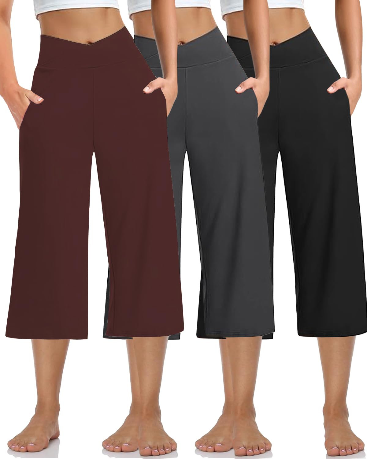 Kivdol 3 Pack Womens Wide Leg Yoga Capris Crossover High Waist Casual Capri Pants Loose Soft Pajama Pockets Sweatpants