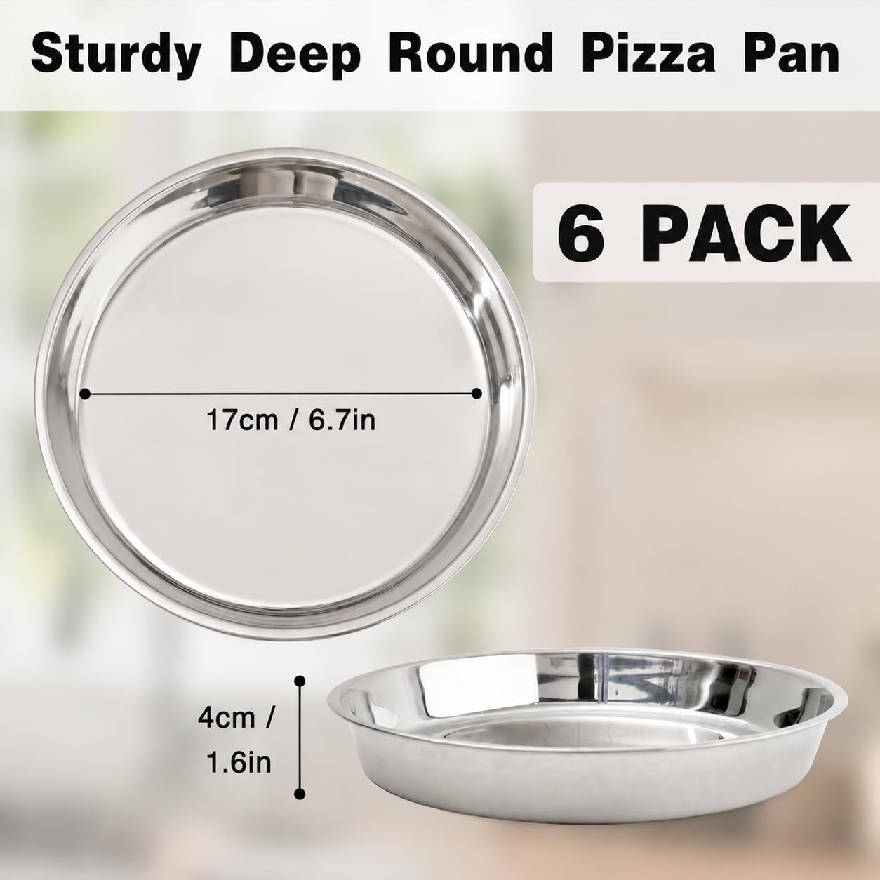 6 Pack Stainless Steel Deep Pizza Pans, 8.5 Inch Round Pizza Pan for Oven, Small Pizza Tray Baking Pans for Personal Pizza, Pie, Cookie Cake and Snacks, Stackable Dishwasher Safe Metal Pizza Plates