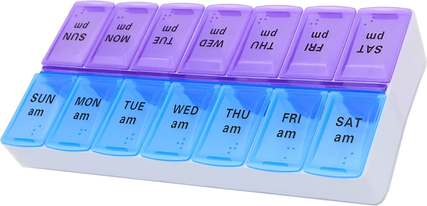Zeinwap Weekly (7-Day) Pill Organizer and Planner, Countoured Bottom for Easy Pill Removal, Large, Blue-Purple AM/PM-picture-12