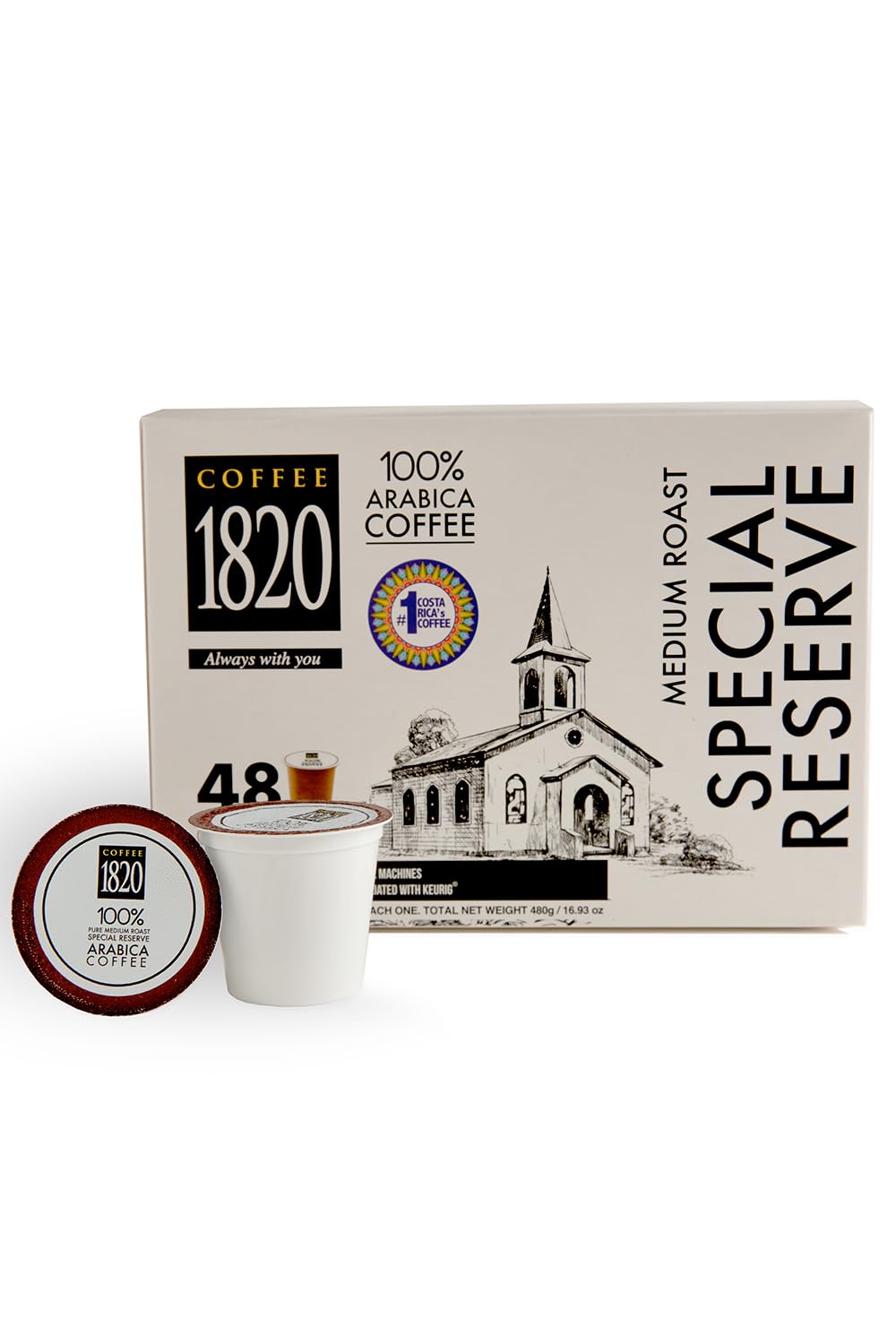 Café 1820 Special Reserve Ground Coffee Cups, Premium Costa Rican Blend, 100% Arabica, Medium/Dark Roast, Compatible with Keurig Machines, 48 Pods