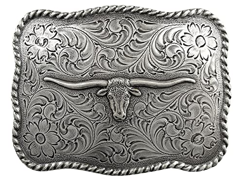 H8143 Western Antique Silver Texas Longhorn Steer Head Belt Buckle (Antique Silver)