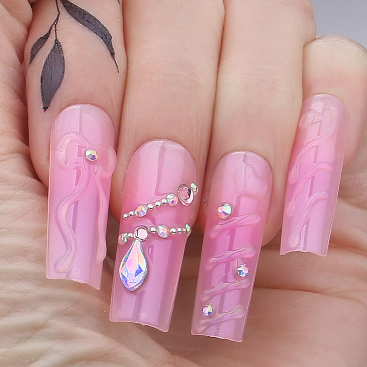 MqpQ Pink Blush Floral Press On Nails Long Square Fake Nails 3d Gel Elegent Bow Ribbon Design Handmade Rhinestones Pendant Shape Acrylic Nails 24pcs
