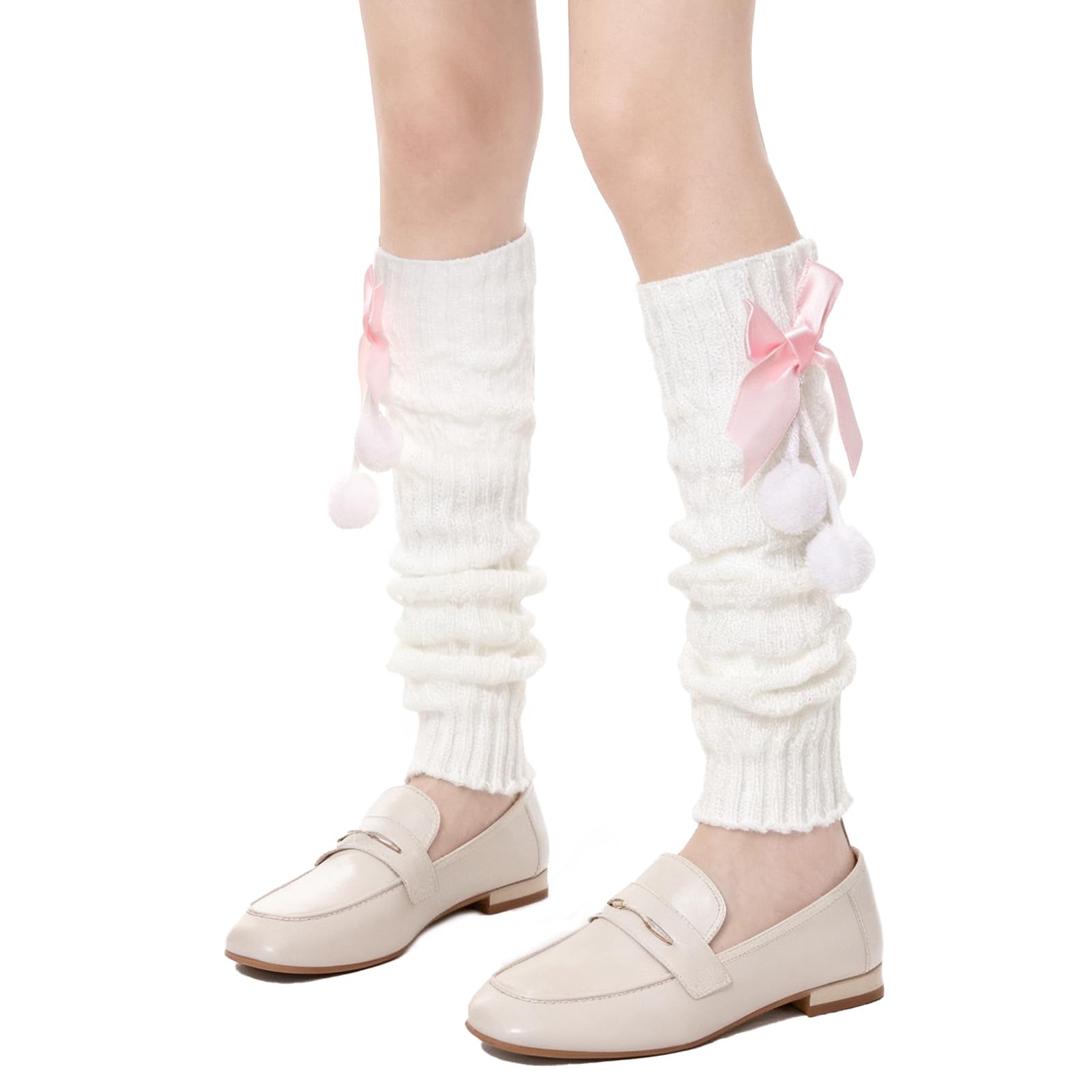 Long Lolita Kawaii Leg Warmers with Bow and Fur Balls for Women Harajuku Japanese Gyaru Leg Warmers Loose