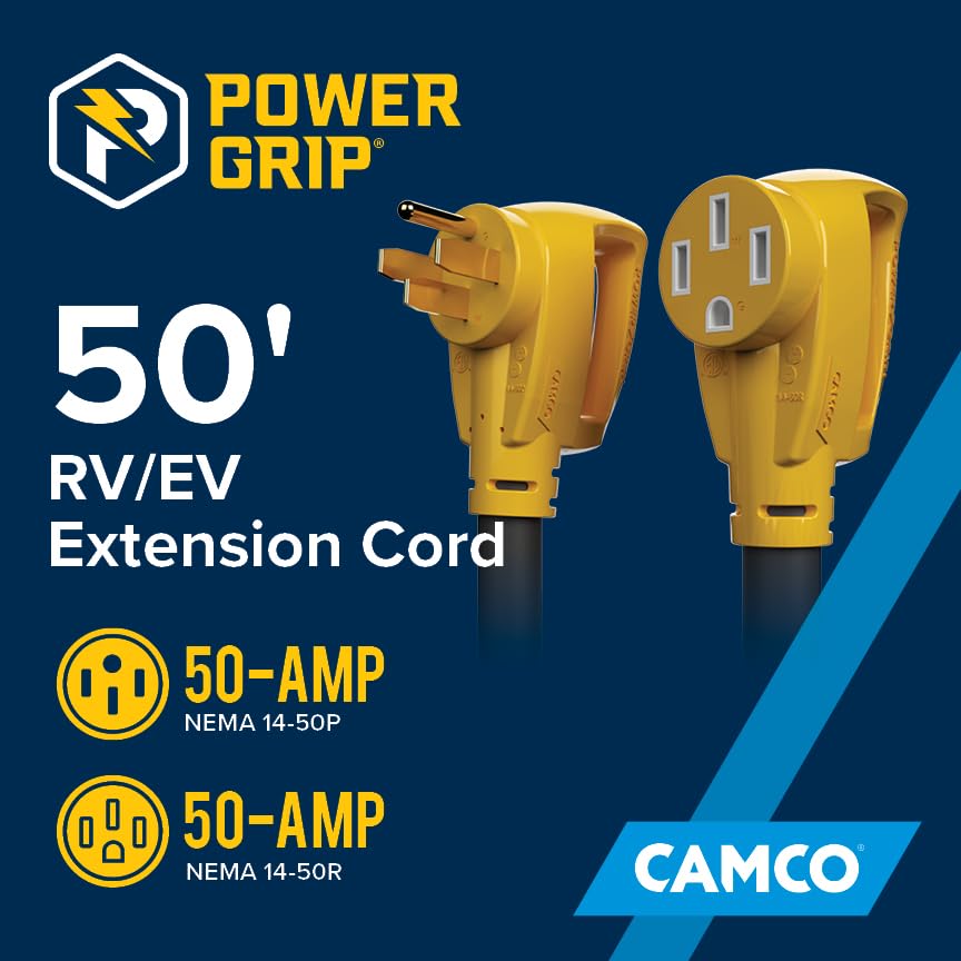 Image of Camco Power Grip 50-Ft 50 Amp RV Extension Cord - Rated for 125 /250 V /12,500 W - Features Copper 6 /3 + 8 /1-Gauge Wires for Superior Conductivity & Coated w /Heat-Resilient PVC (55199)