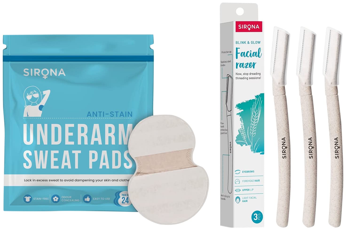Sirona Disposable Underarm Sweat Pads - 24 Pieces Pads & Blink and Glow Face 3 Razor for Women, Brown