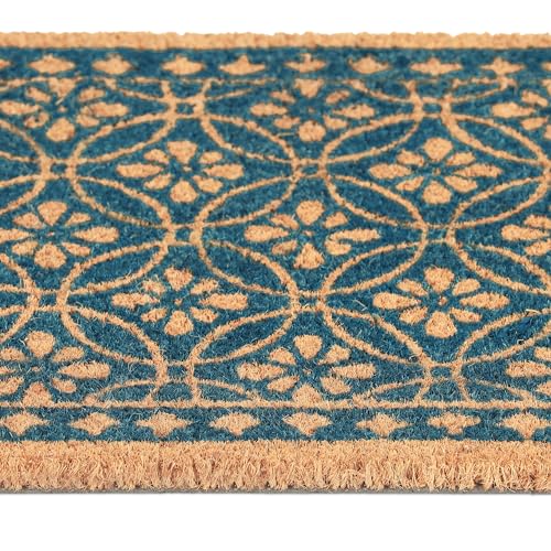 Relaxdays Fußmatte aus Kokos, florales Design, Türmatte außen & innen, gummierte Kokosmatte 60x40 cm, blau/Natur