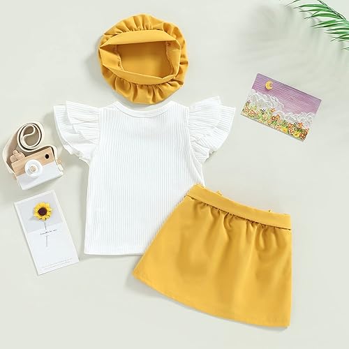 Miniatura 6 de Ayalinggo Conjunto de ropa para niños y niñas pequeñas, con volantes, manga acanalada, camiseta acanalada, falda acampanada, cinturón, sombrero,