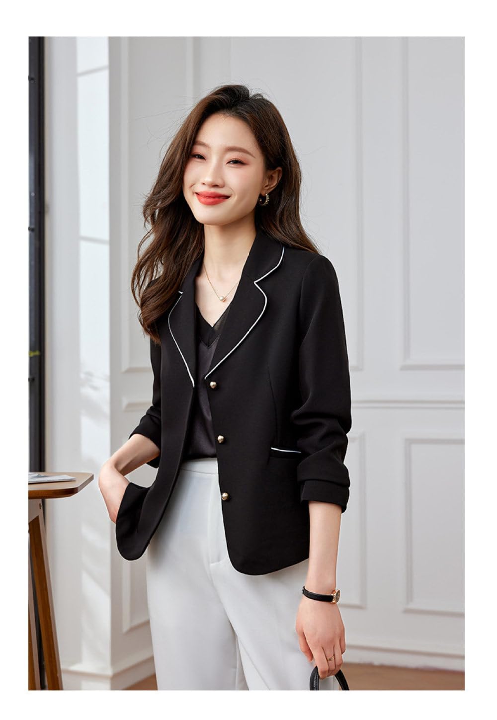 Anzug Damen,Kurzer Damen-Blazer, Langärmelig, Gekerbtes Revers, Kontrast-Anzugjacke, Eleganter Bolero-Cardigan, Schwarzer Knopf-Taschenmantel, Lässiger Abend-Anzug, Business-Blazer-Anzug