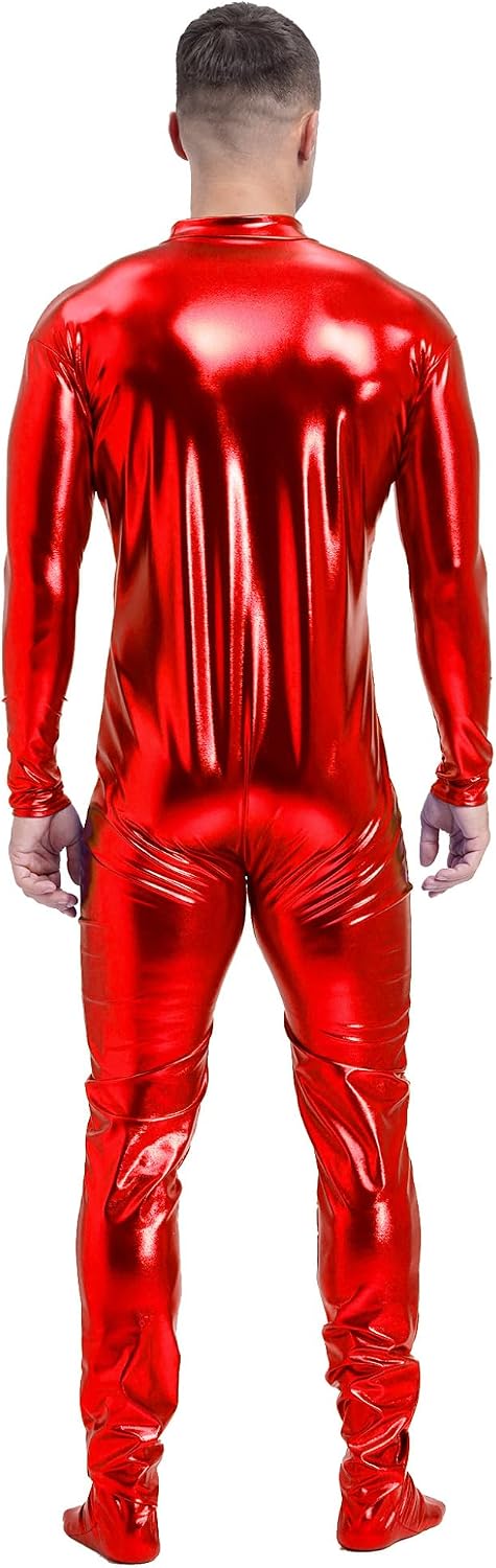 Lejafay Men's Long Sleeve Shiny Metallic Zentai Bodysuit Turtleneck Zipper Unitard Jumpsuits Catsuit
