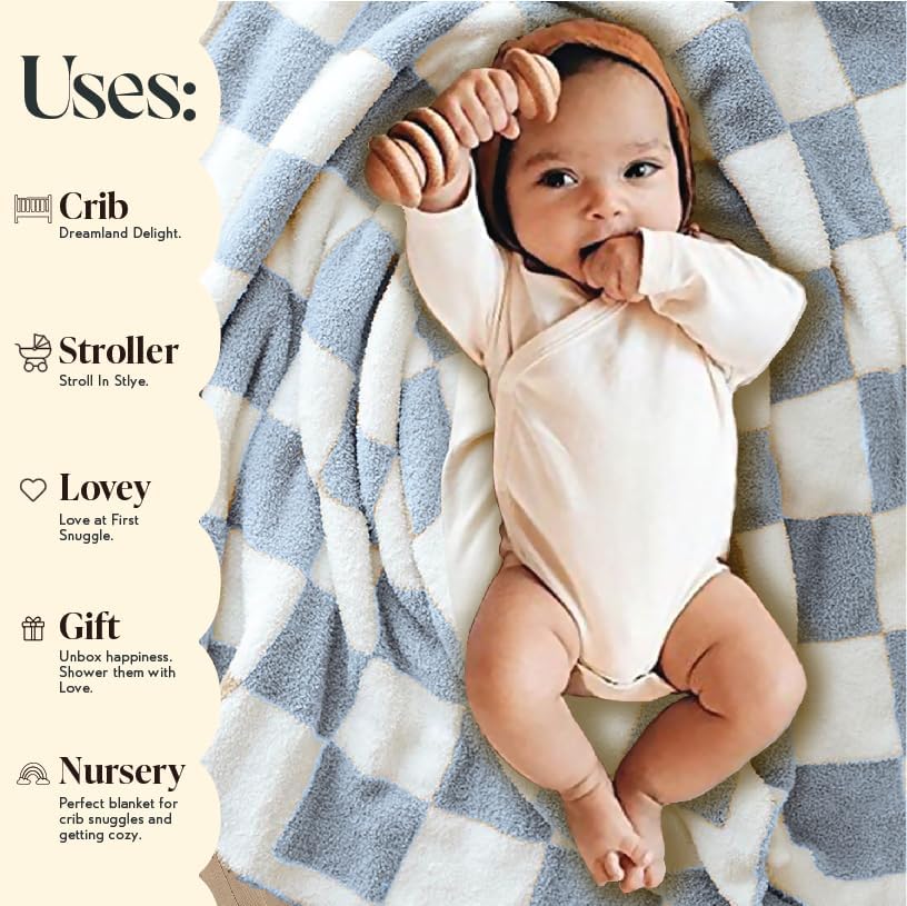 Miniatura 3 de Orelle Juego de manta y calcetines a cuadros para bebé, acogedor, suave, cálido, afelpado, mullido para niños, tablero de ajedrez azul, recién