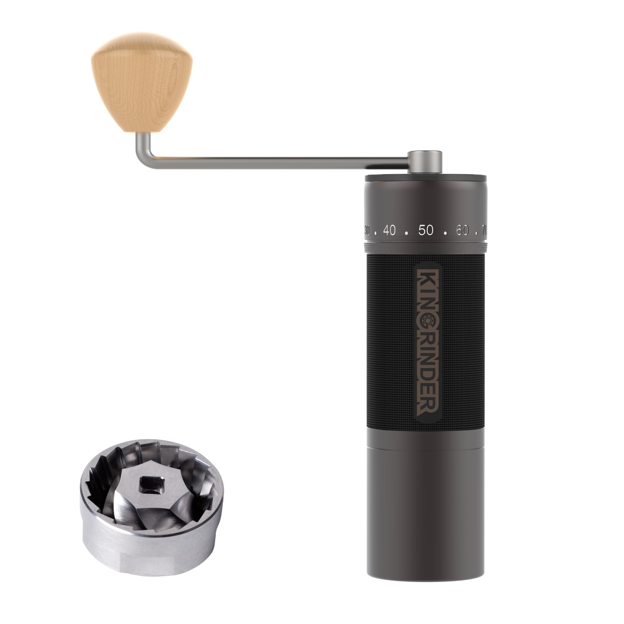 KINGrinder K7 Hand-Kaffeemühle, gerader Griff, magnetischer & Clip-Pulverbehälter, professionelles 7-Kanten Edelstahl-Konusmahlwerk, 30–35 g Fassungsvermögen
