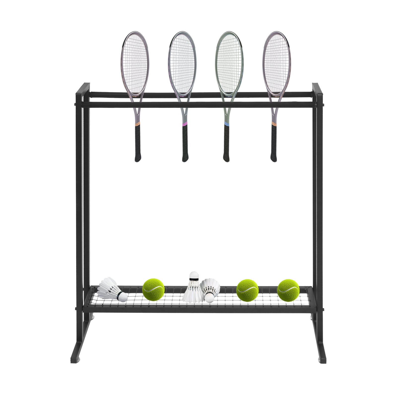 Soporte para raqueta de bádminton de tenis, carrito de acero al carbono, color negro, estante de almacenamiento para campo deportivo, gimnasio, garaje