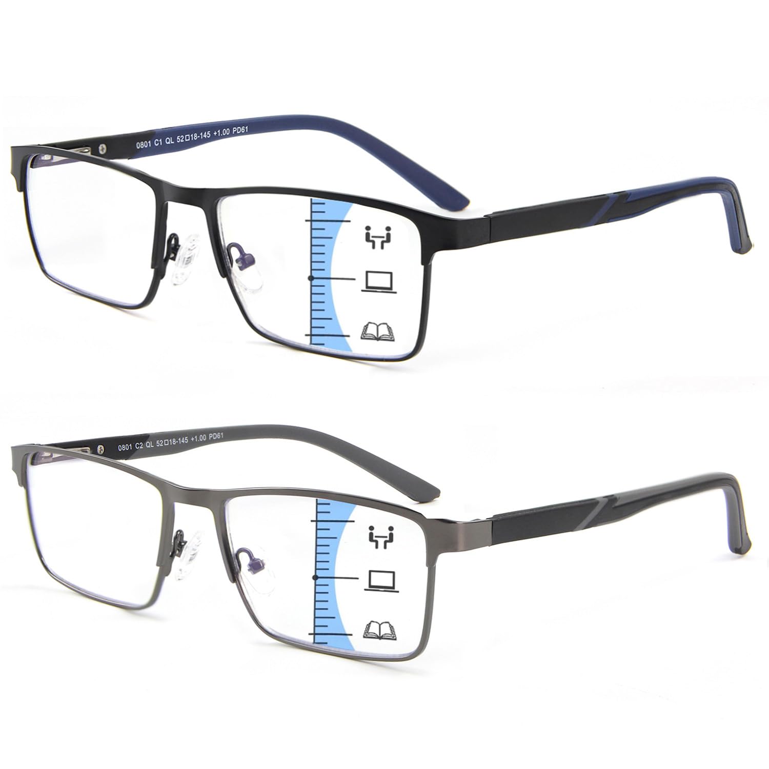 2 Pack Multifocal Progressive Reading Glasses Men, Blue Light Multifocus Bifocal Readers for Mid and Near Range