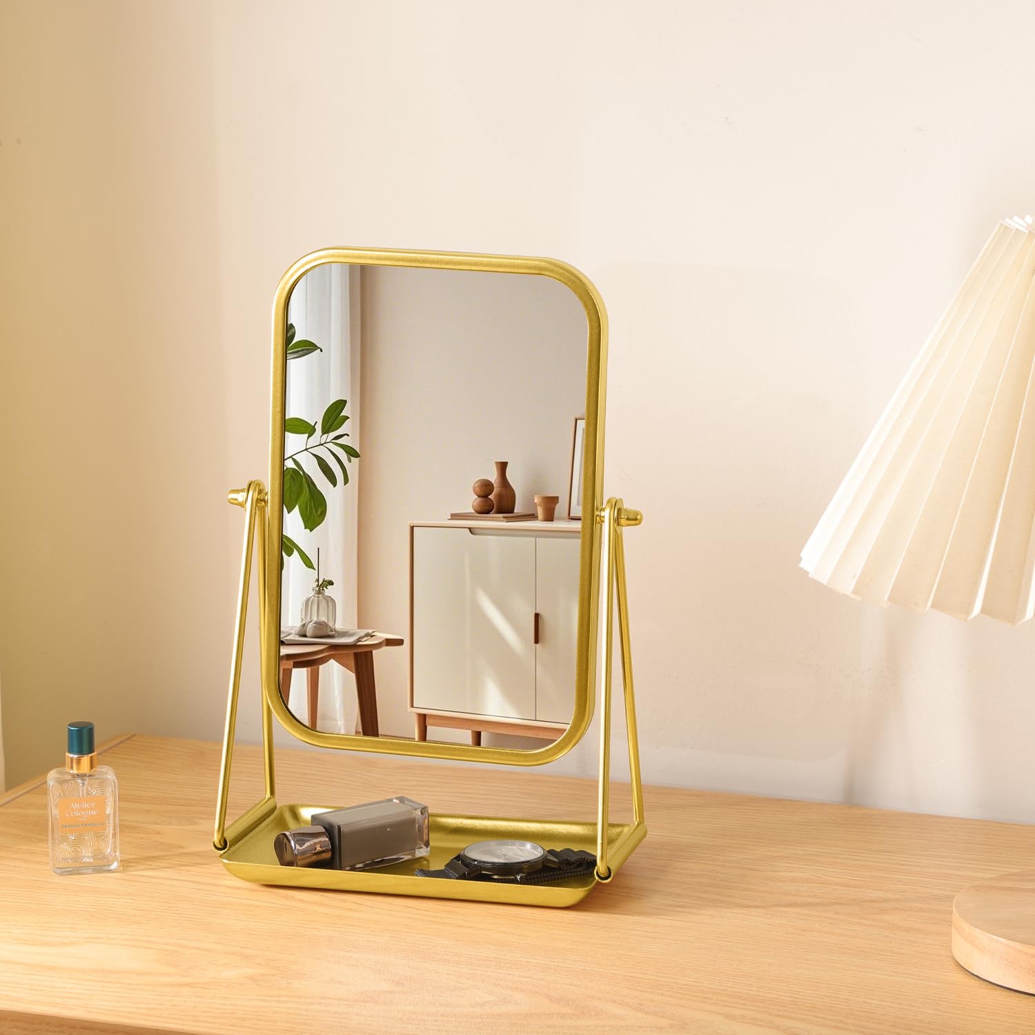 Gosider Gold Desk Mirror with Storage Rectangular Tabletop Vanity Mirror