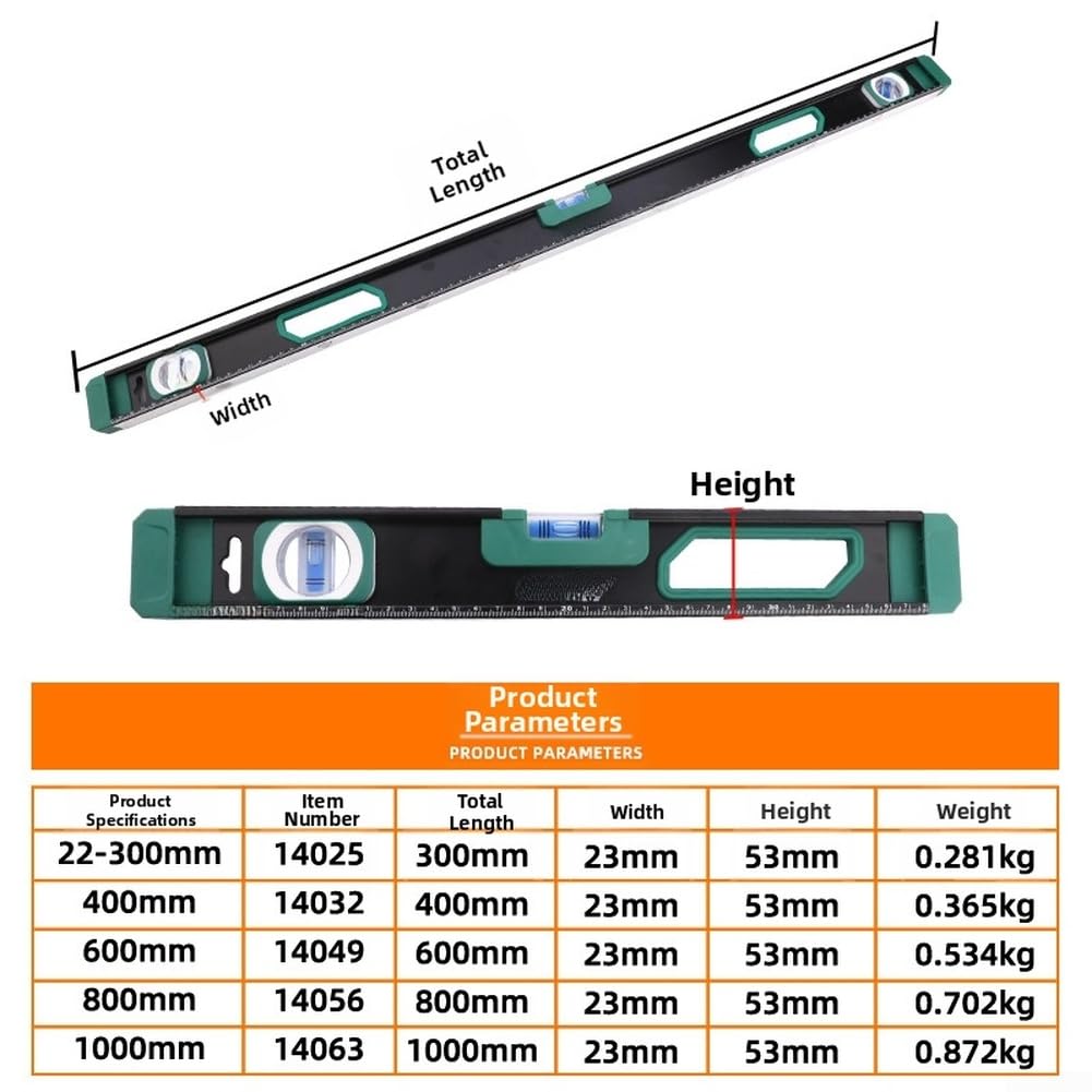 Regla de nivel de aluminio fundido sólido con base magnética fuerte, funda de goma resistente a las burbujas de alta precisión, múltiples longitudes de 300 mm a 1000 mm, adecuada para trabajos