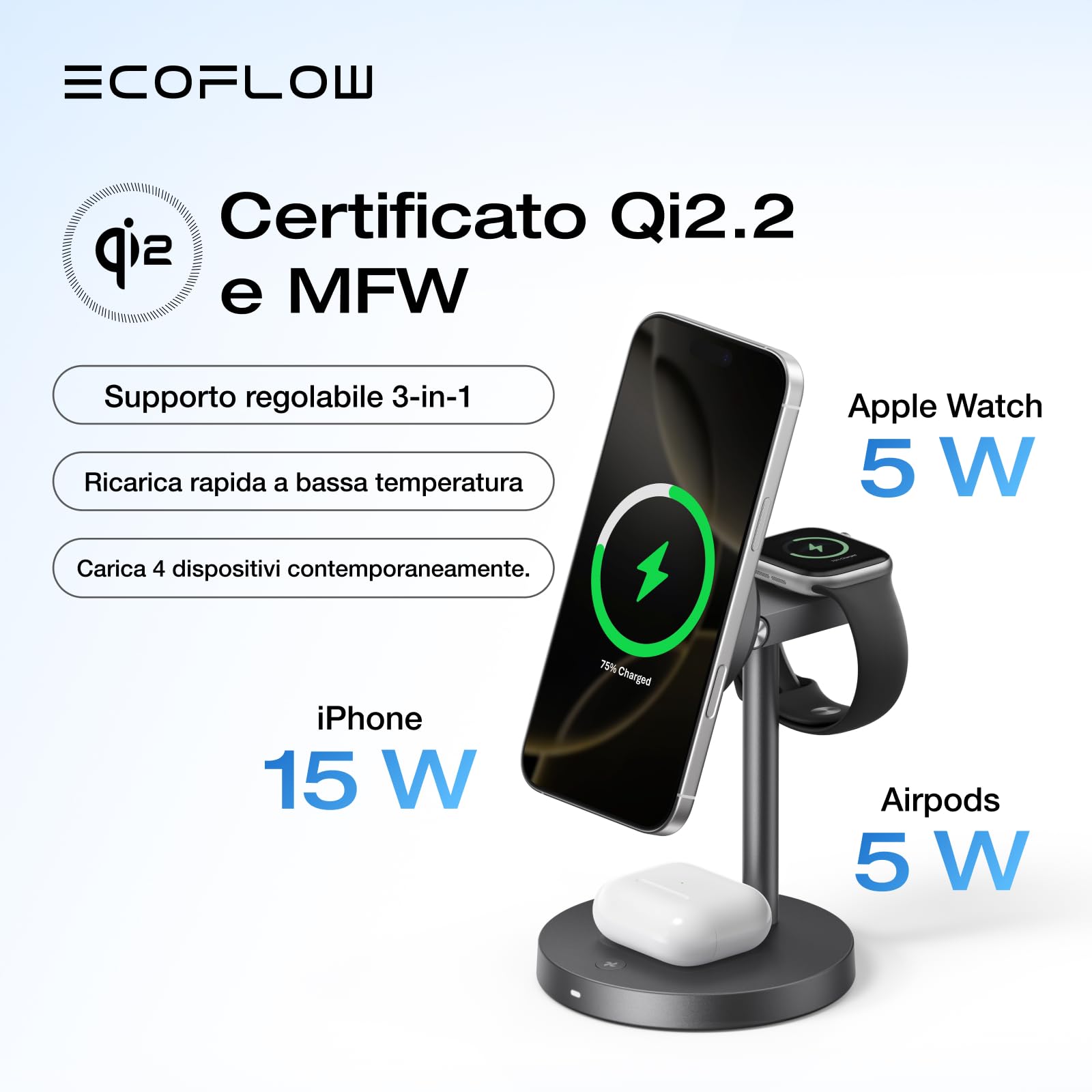 EcoFlow - Stazione di ricarica 3 in 1 Qi2 Magsafe per Apple con supporto regolabile, stazione di ricarica wireless magnetica per iPhone, 15 W, per iPhone 17/16/Series, Apple Watch e AirPods, nero