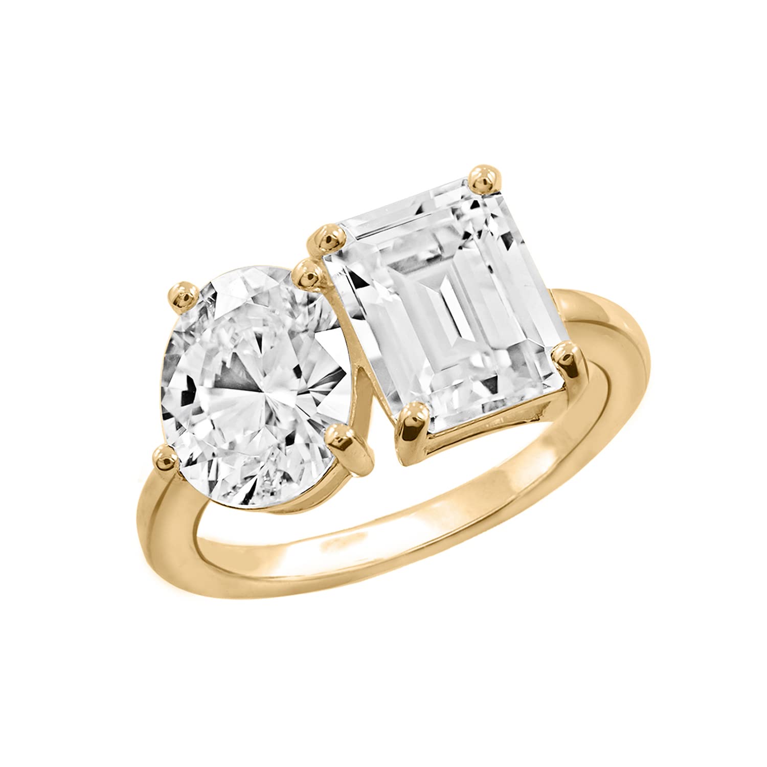 DIAMONBLISS Emerald & Oval Cut Toi et Moi Ring for Women 14K Yellow Gold, Platinum Plated 925 Sterling Silver Engagement Cocktail Double Stone Ring