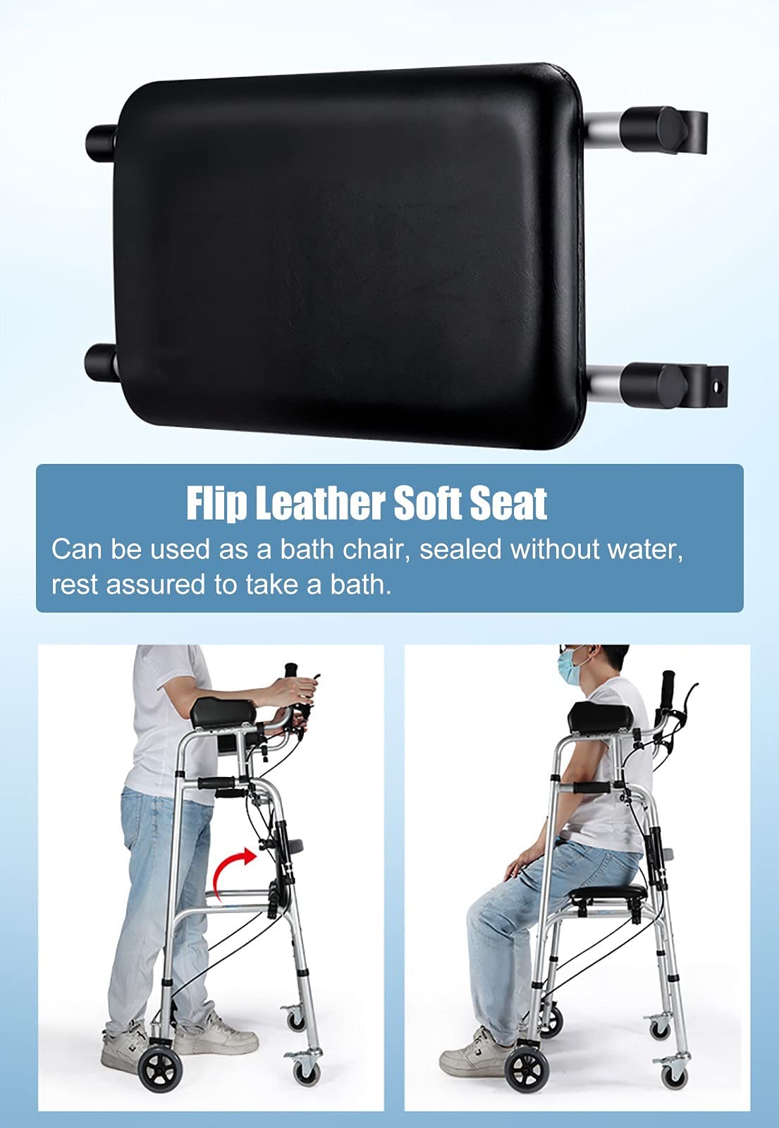 Anziani Stand Upright Rolling Walkers con sedile 4 ruote Deambulatore pieghevole per impieghi gravosi con braccioli Freni Ausilio per la deambulazione per disabili per interno esterno (con sedile in