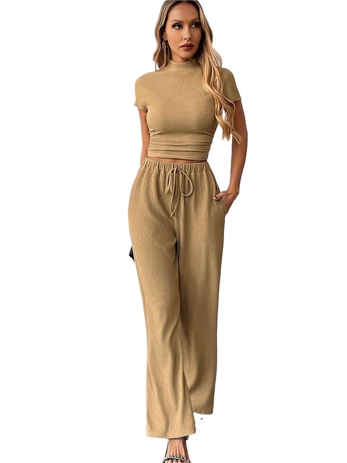 Completo Donna Elegante Pantaloni da donna in due pezzi, maglietta a maniche corte, pantaloni con lacci, casual, aderenti, elastico in vita(M)