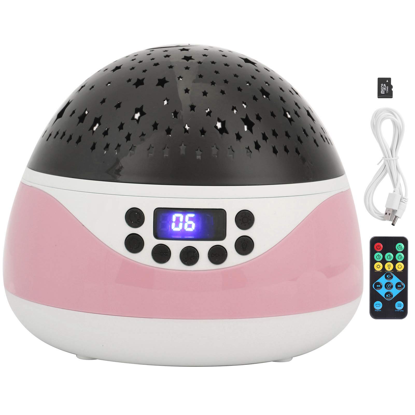 de Luz Nocturna con Control Remoto y Música para Niños, Pantalla LED, Rotación de 360 ​​grados, Material ABS, 14,5x14,5x13,5 Cm (Rosa)