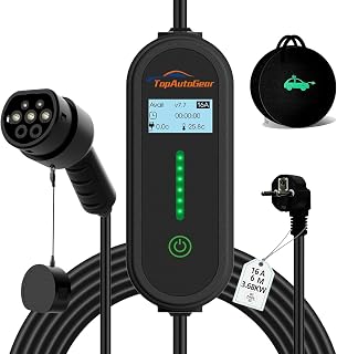 TopAutoGear EV Ladegerät Typ 2 Anschluss Ladekabel 6m, 8/10/13/16A Einstellbare Strom IP65, wasserdichte Ladegerätbox, Klarer LCD-Anzeige, Aufbewahrungstasche