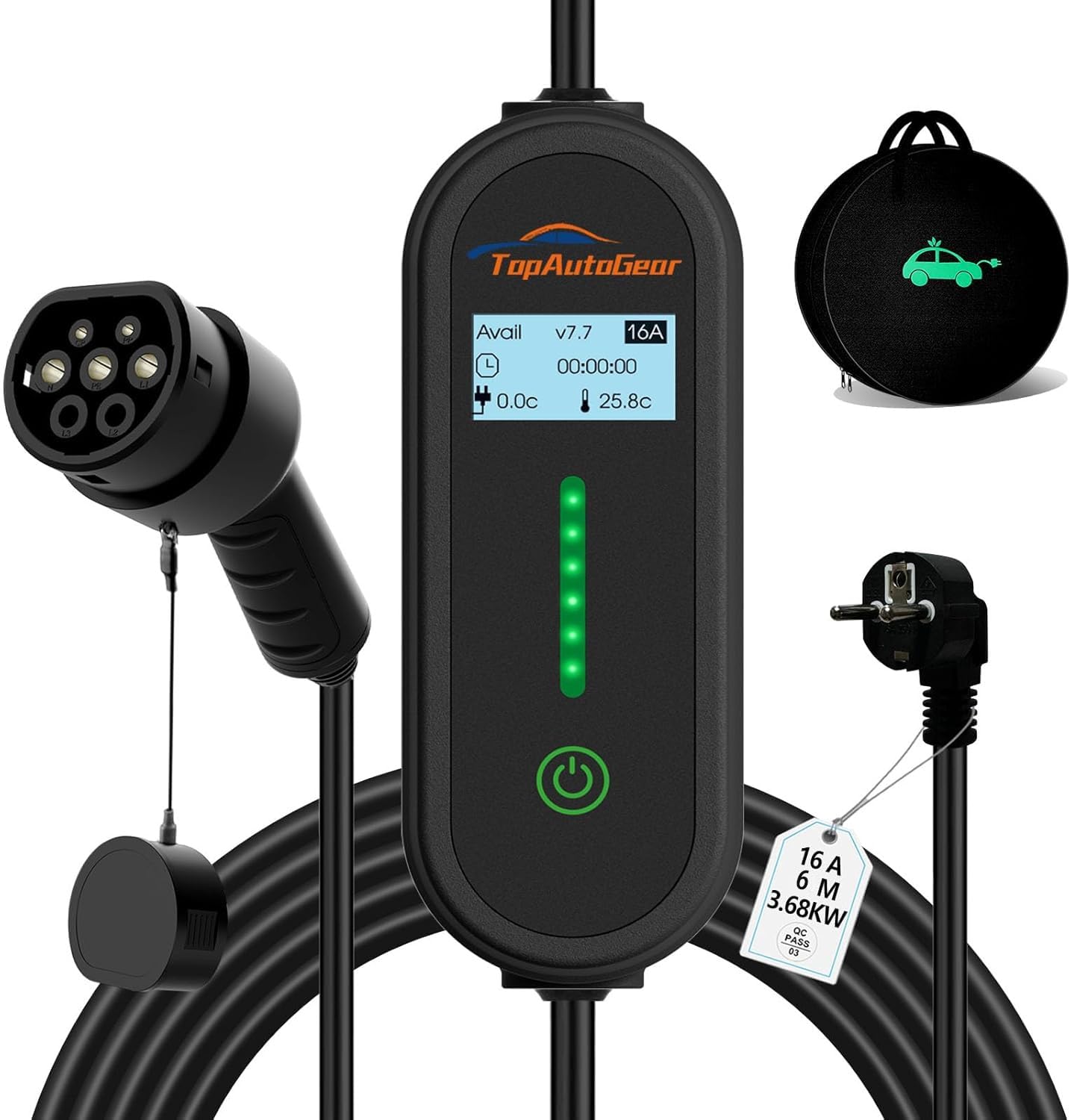TopAutoGear Mobile Wallbox 11 kW/3.7kW [6 m | 8-16 A] mit Einstellbarer Stromstärke, Ladekabel CEE 16A auf Typ 2 für ID.3/4/5, Model Y/3, MG4, EX30, e-up, e-tron, Zoe, EV-Charger mit IP65