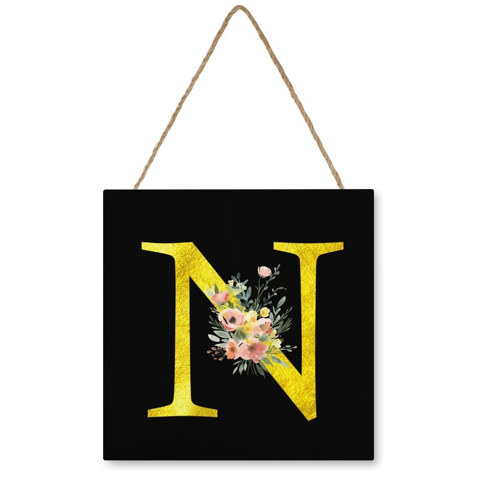 Floral Name Monogram Sign,Watercolor Pink Floral Gold Letter N Wood Signs Rustic Home Decor Farmhouse Wooden Hanging Sign,Custom Name Initial Front