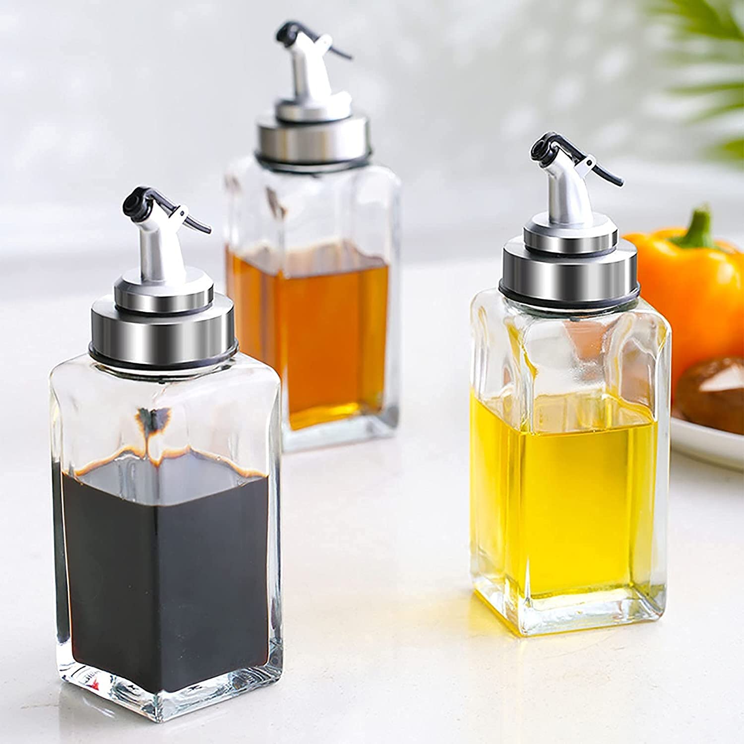 Botellas dispensador de aceite de oliva de vidrio de 300 ml, aceite de cocina y vinagre cruet, cocina, acero inoxidable de la casa tres tipos de boquillas pequeñas botellas de condimento, 3 pack