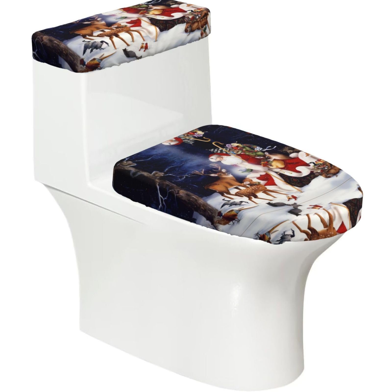Christmas Deer 2-Piece Toilet Seat Cover Set with Tank Lid - Elastic for U-Shape & Elongated - Bathroom Decor