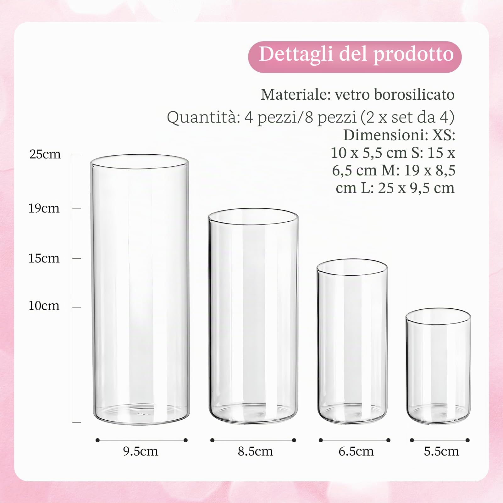 Set di 8 vasi in vetro per candele, vasi in vetro per decorazione da tavolo, vaso grande, mini vasi, vaso a tulipano, cilindri in vetro per candele, casa, matrimonio, tavola per feste