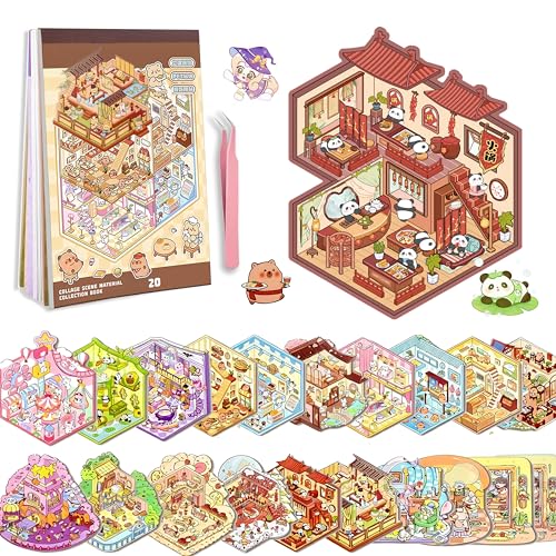 20 Sets DIY 3D Sticker Scene Book Miniature House Pet Shop Room Stickers for Adults Stress Relief Therapy Cute Cartoon Stickers Fun Simulated Scene Game for Girls
