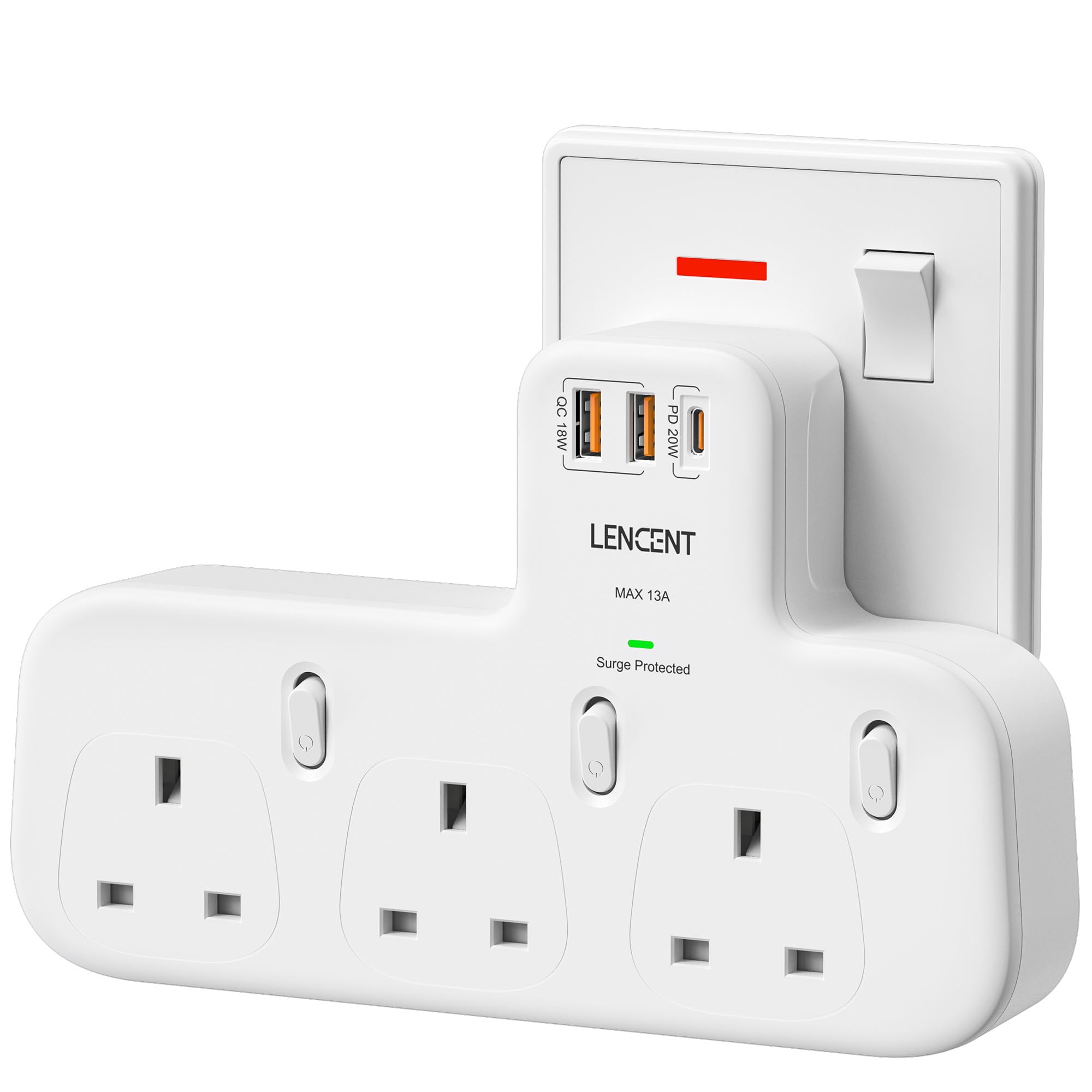 – 3 Way Plug Extension with PD 20W USB-C & 2 USB-A QC 3.0, Multi Plug Adaptor UK with Individual Switches, Surge Protected Extender Wall Socket for Home, Kitchen, Office, 13A 3250W