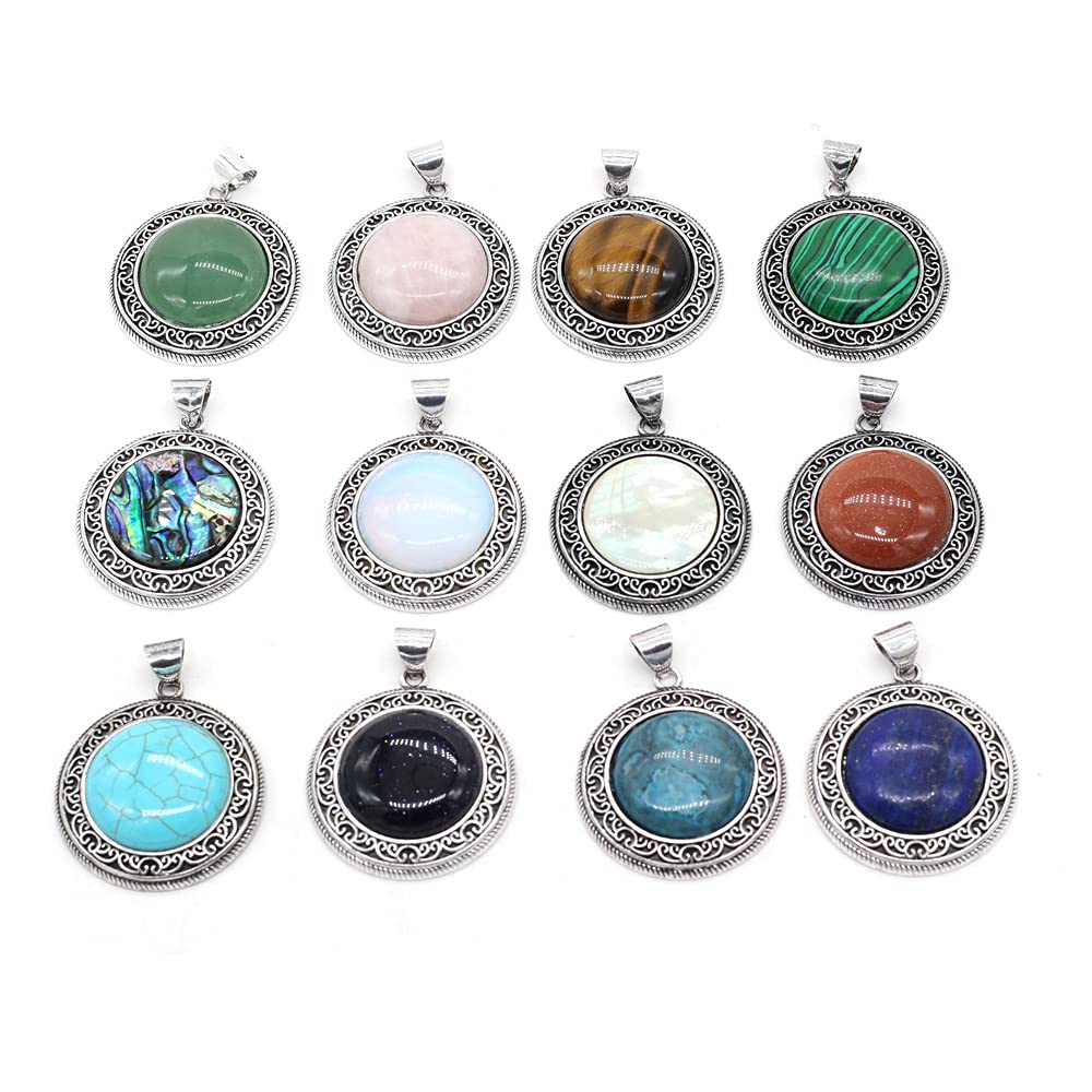 5 Pcs Vintage Crystal Pendants Shell Gemstone Hollow Carved Style Charms for Jewelry Making Necklace Gift