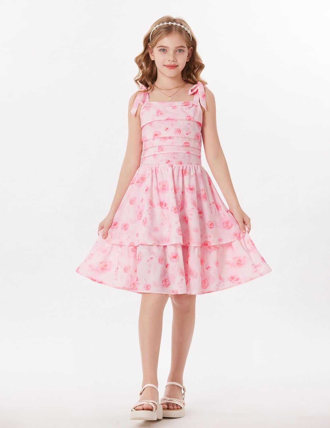 GRACE KARIN Girls Floral Smocked Dress Summer Layered Tie Shoulder Bowknot Flowy Dresses for 7-14 Years - Image 4