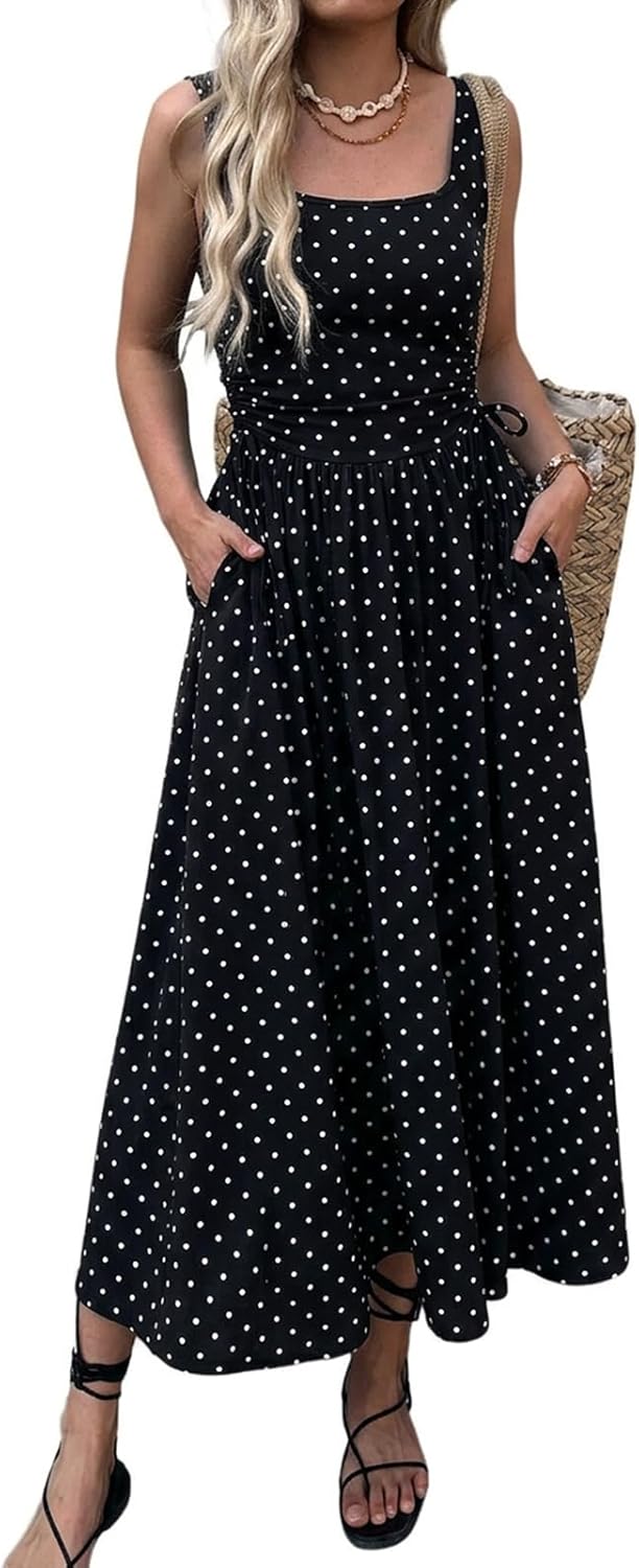 Women’s Boho Summer Maxi Dress with Pockets, Adjustable Waist, Sleeveless Casual Ruched Sundress for Beach Vacation