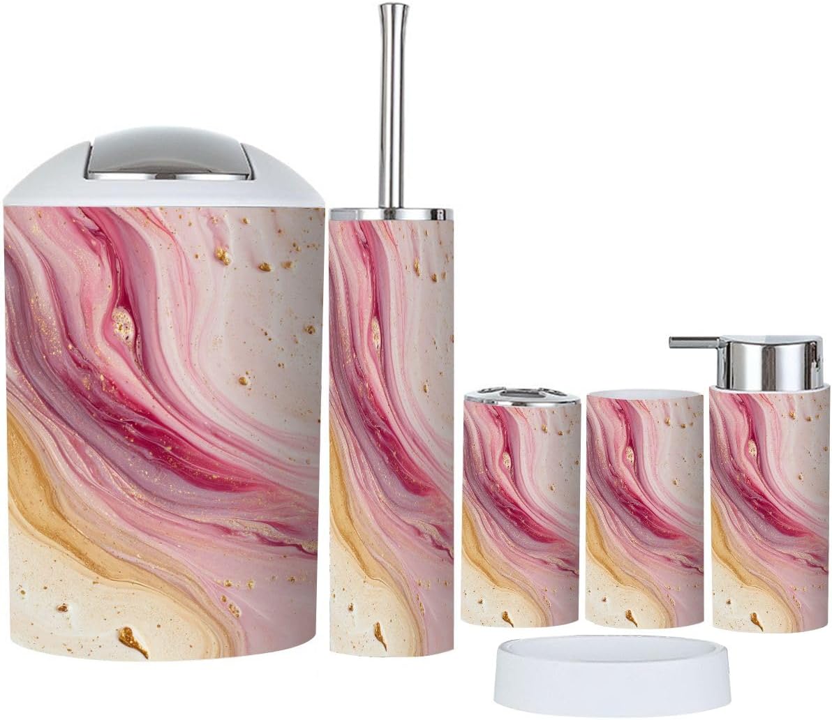 Bathroom Accessories Set 6 Pcs Abstract Watercolor Dye Liquid Marble Wavy Strokes Seamless Toothbrush Holder Cup Soap Dispenser Soap Dish Toilet Brush Holder Trash Can for Countertop Decor