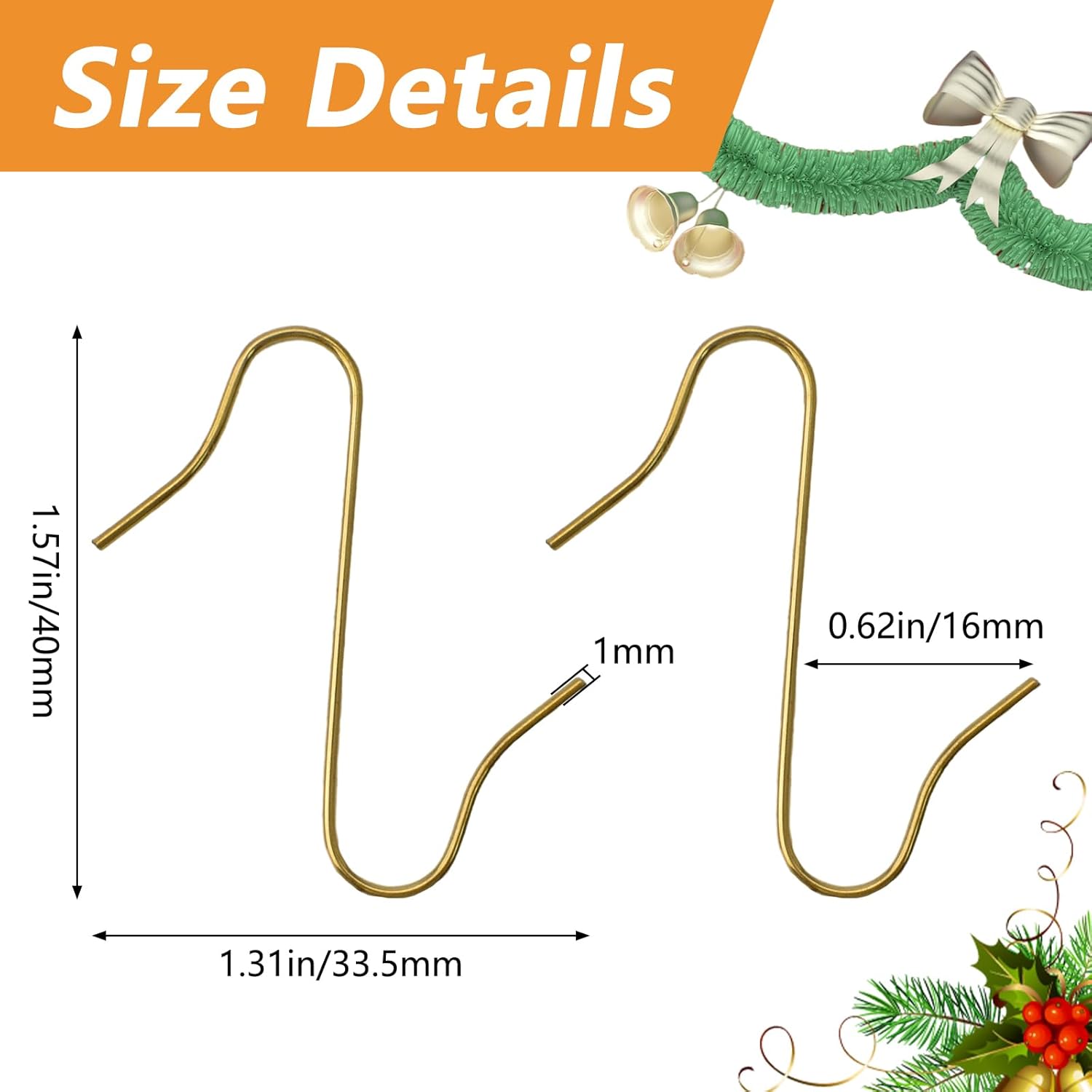 Christmas Ornament Hooks, 200 PCS Ornament Hooks Christmas Tree Hooks S-Shaped Christmas Hangers for Christmas Tree Christmas Balls Party Decorations, Gold