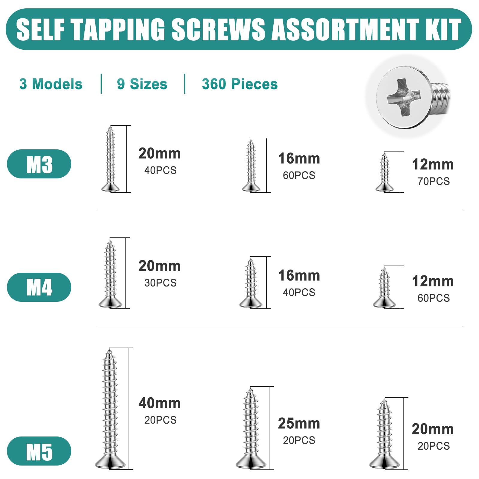 360 PCS Wood Screws Kits, M3 M4 M5 Self Tapping Screws Assortment Kit - Image 2