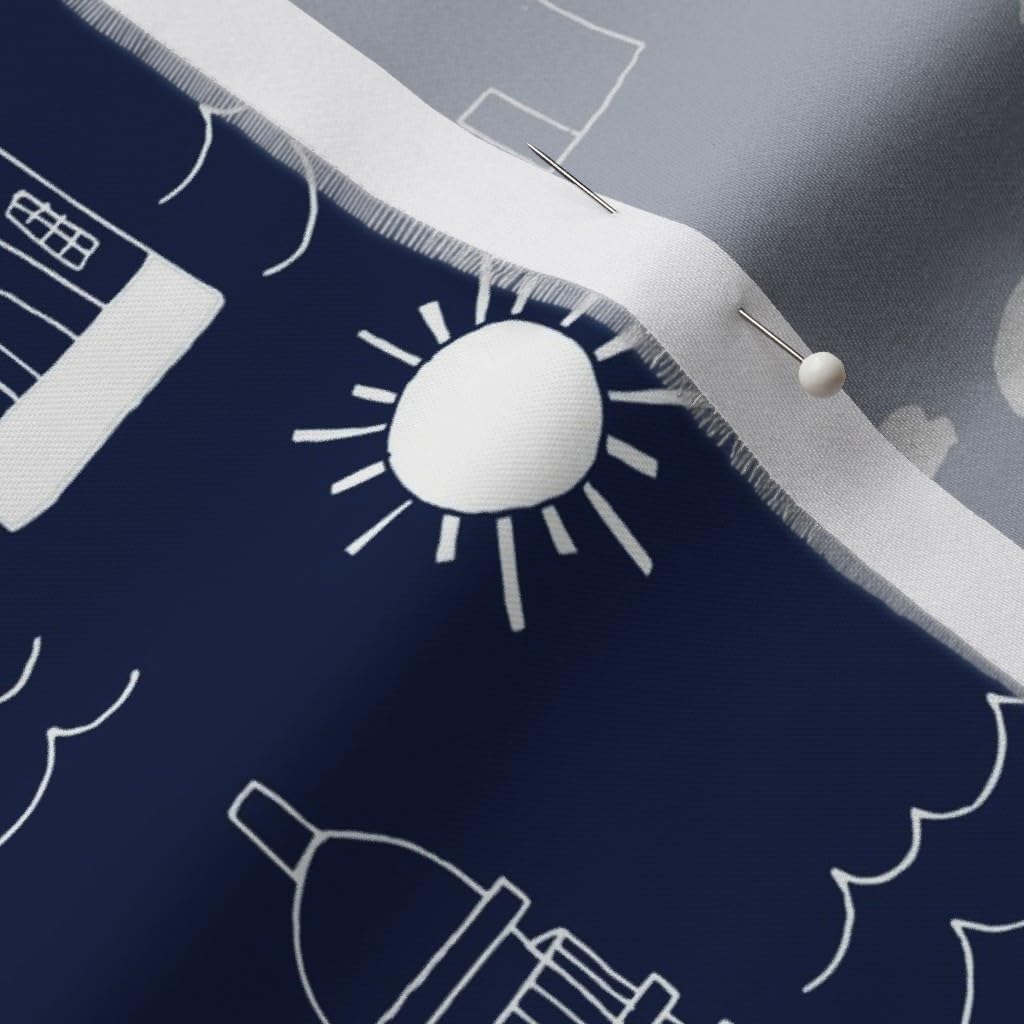 Spoonflower Fabric - Navy Nautical Summer Ocean Water Print Lighthouse Printed on Organic Cotton Sateen Fabric by The Yard - Sewing Quilting Apparel Home Decor