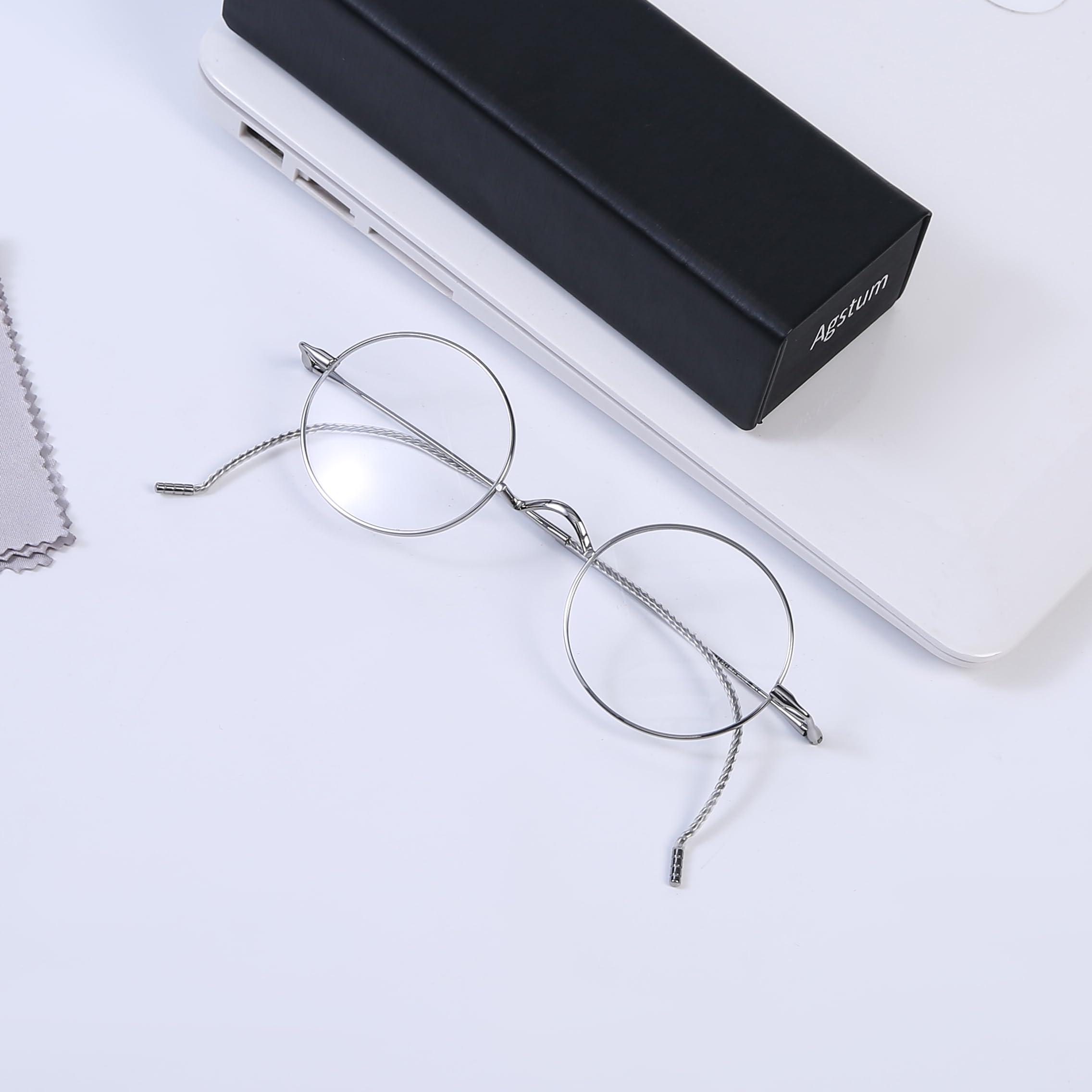 Agstum Retro Round Titanium Optical Eyeglasses Frame, Lightweight Wire Rim Glasses with Cable Arms, No Nose Pads